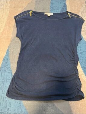 Michael Kors Navy Short Sleeve Top with Gold Shoulder Zippers